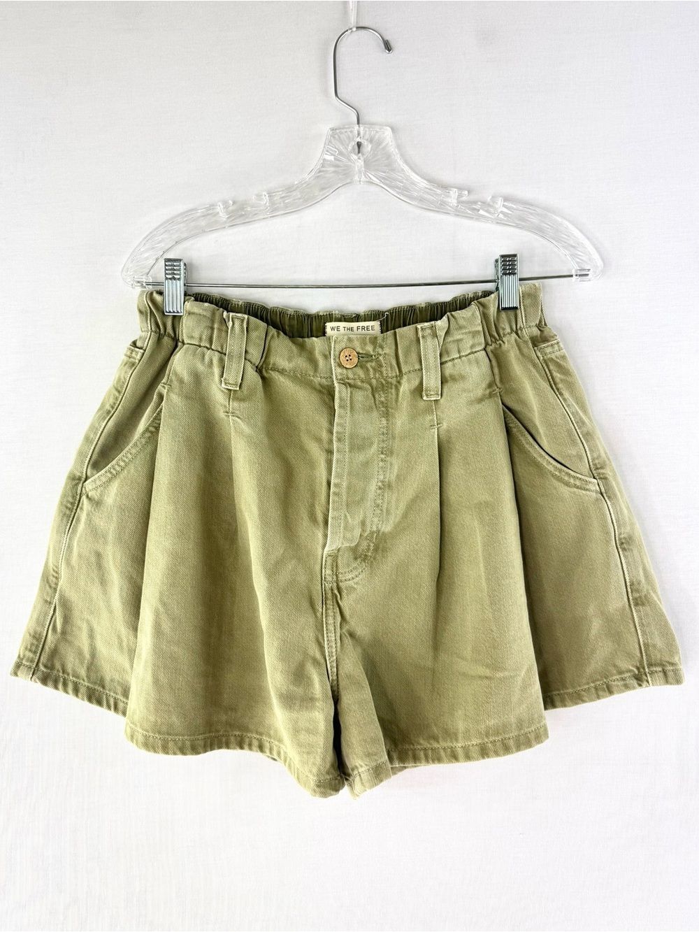 We The Free Clark Army Green A-Line Pleated Elastic Waist Denim Shorts